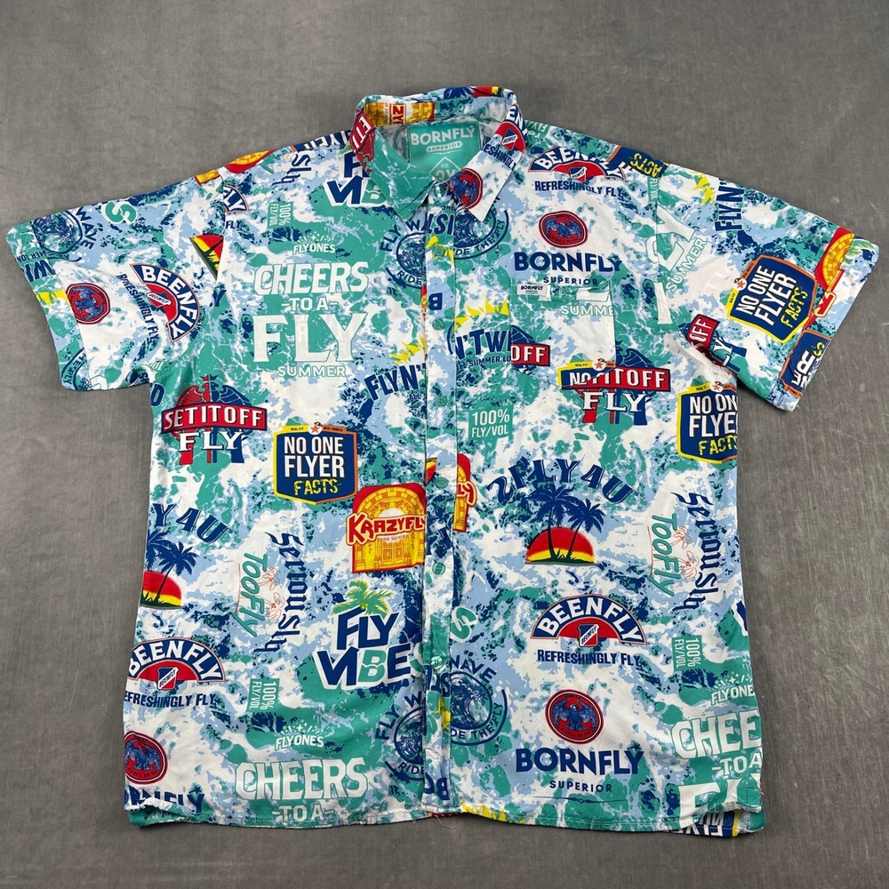 Born Fly Men 3X Blue Short Sleeve Button Up Shirt Graphic Print Beach House